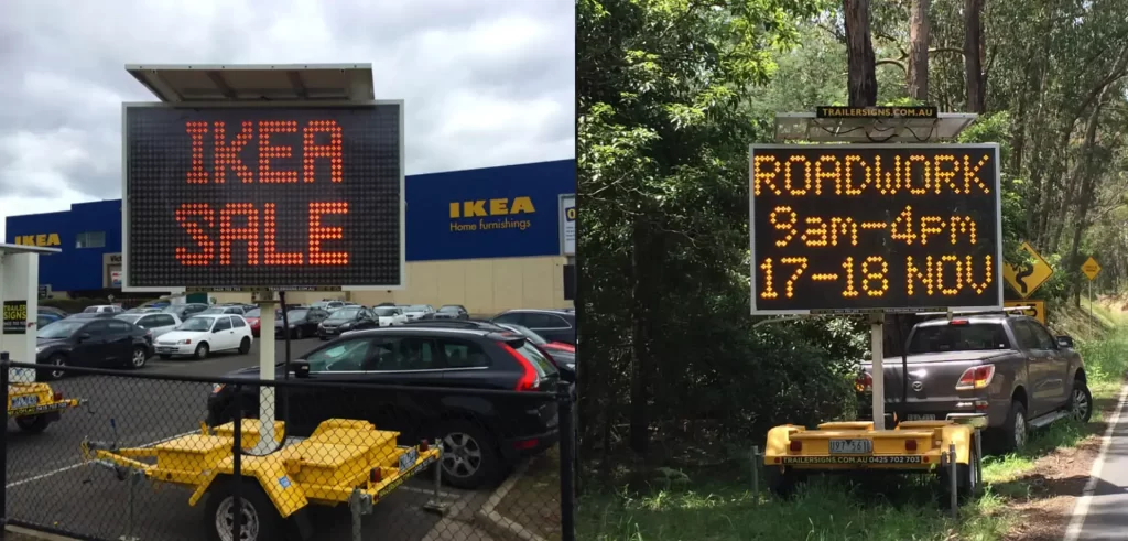 5-colour VMS trailer sign advertising "IKEA sale" in Richmond and amber VMS trailer sign advertising "roadworks" in Pakenham Upper