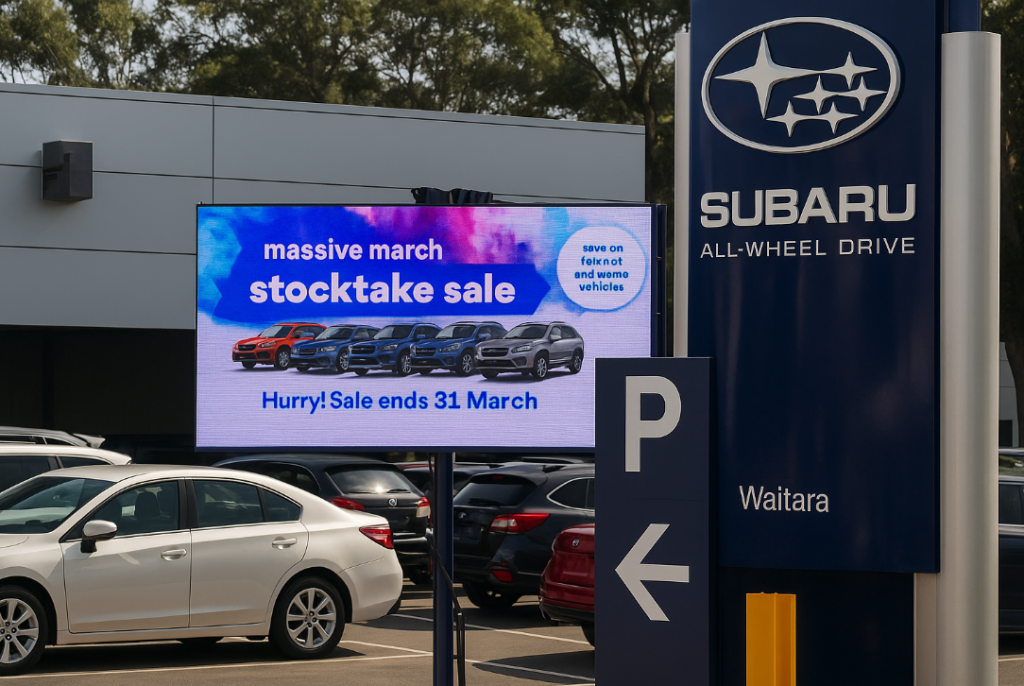 Video trailer sign at Subaru dealership advertising "Stocktake sale" brand video