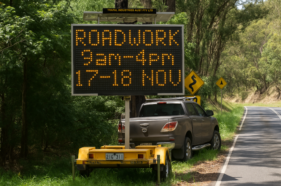 Bright amber VMS trailer sign on roadside in Pakenham Upper advertising “Roadworks 9-4pm 17-18 Nov”